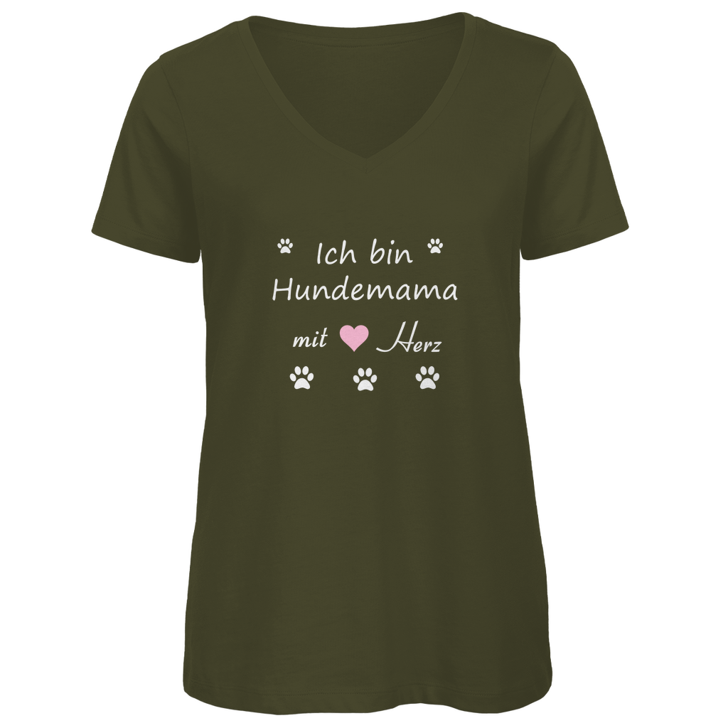 Damen Premium Bio V-Neck T-Shirt mit Hundedesign "Hundemama mit rosa Herz"