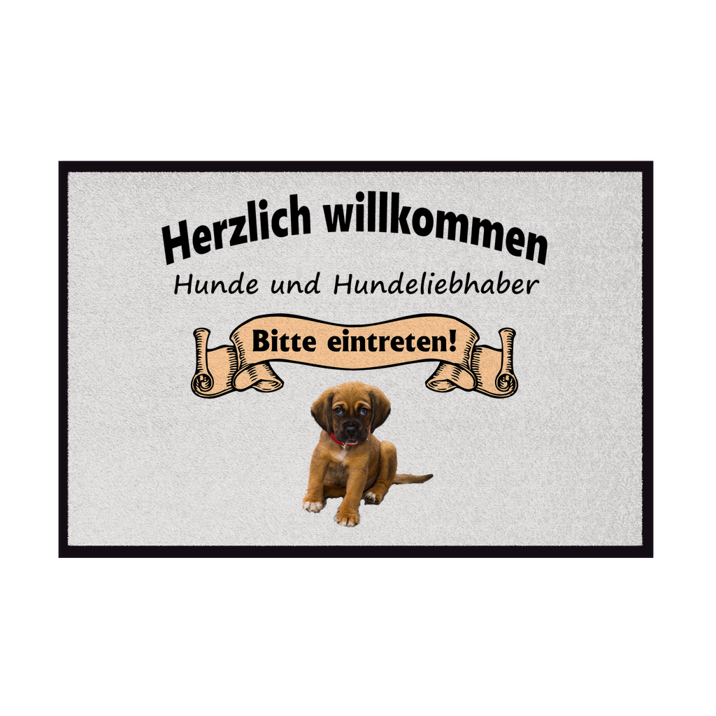 Fußmatte mit Gummirand "Herzlich Willkommen mit braunem Welpen 1"