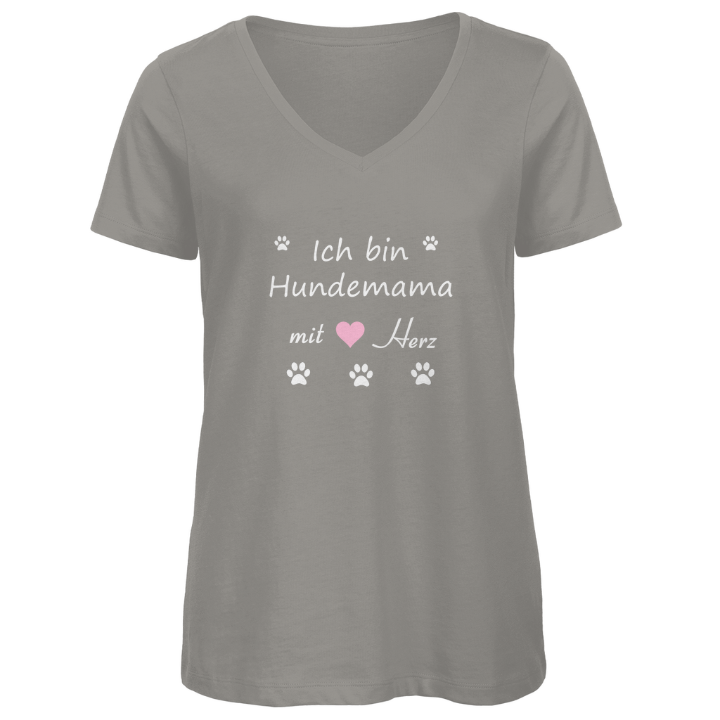 Damen Premium Bio V-Neck T-Shirt mit Hundedesign "Hundemama mit rosa Herz"