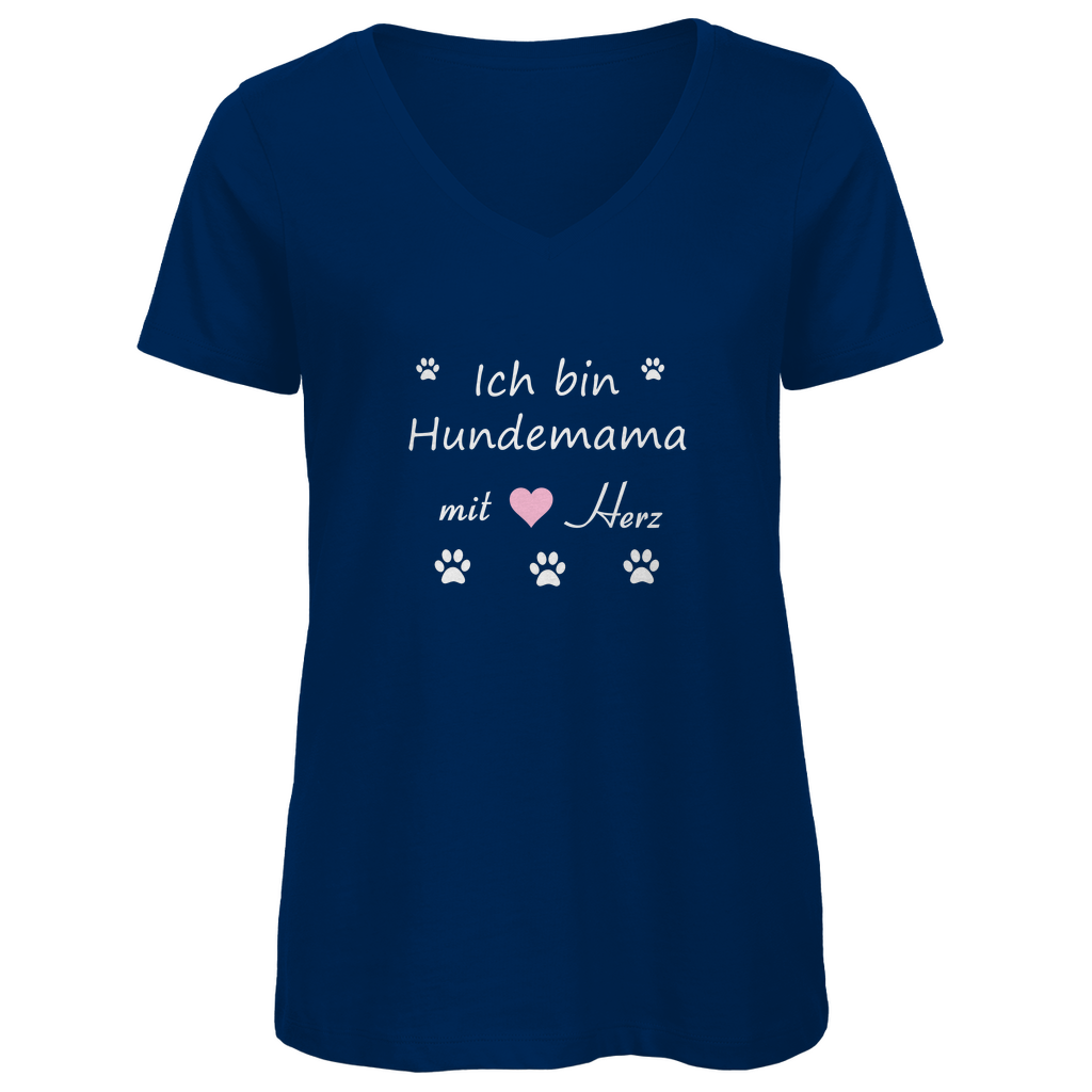 Damen Premium Bio V-Neck T-Shirt mit Hundedesign "Hundemama mit rosa Herz"
