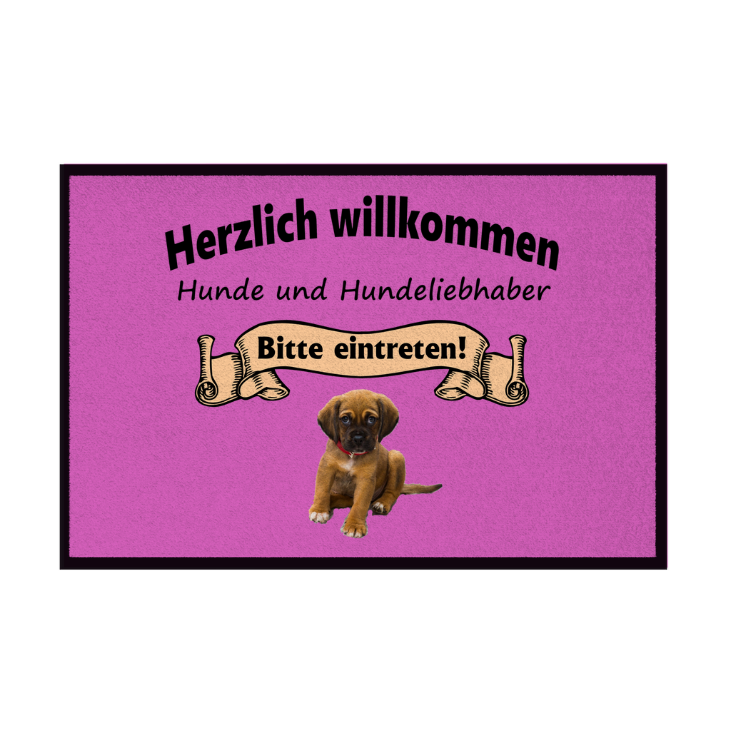 Fußmatte mit Gummirand "Herzlich Willkommen mit braunem Welpen 1"
