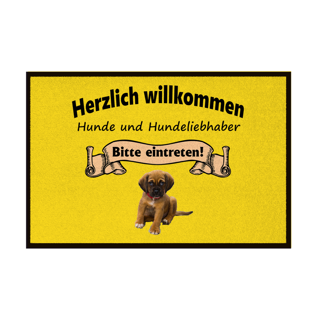 Fußmatte mit Gummirand "Herzlich Willkommen mit braunem Welpen 1"