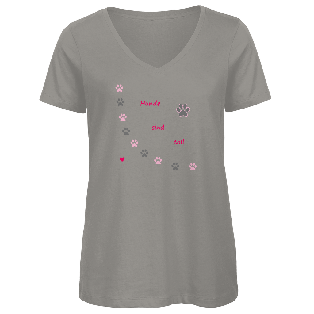 Damen Premium Bio V-Neck T-Shirt in Hundedesign: "Pfotenhundherzrosagrau1"