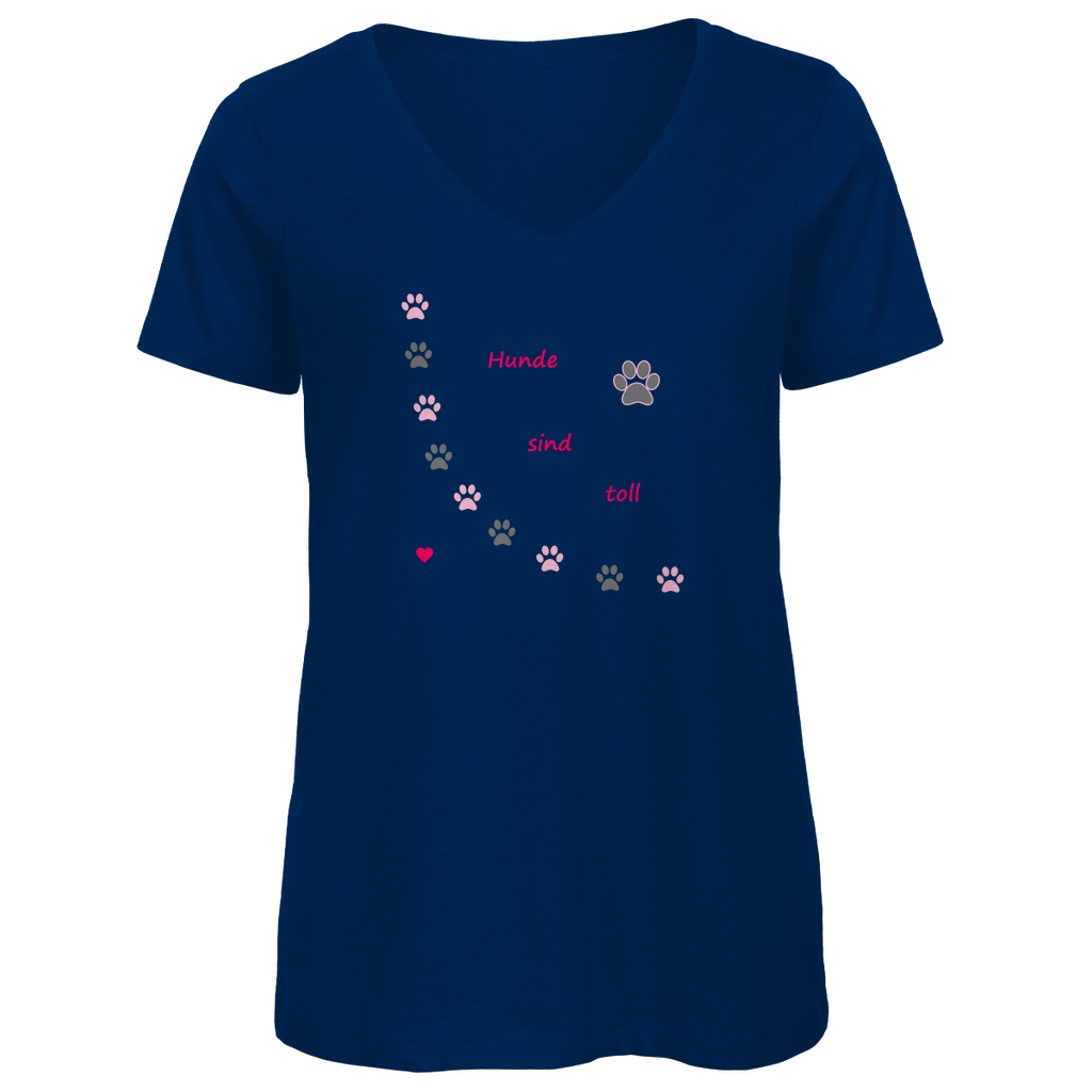 Damen Premium Bio V-Neck T-Shirt in Hundedesign: "Pfotenhundherzrosagrau1"
