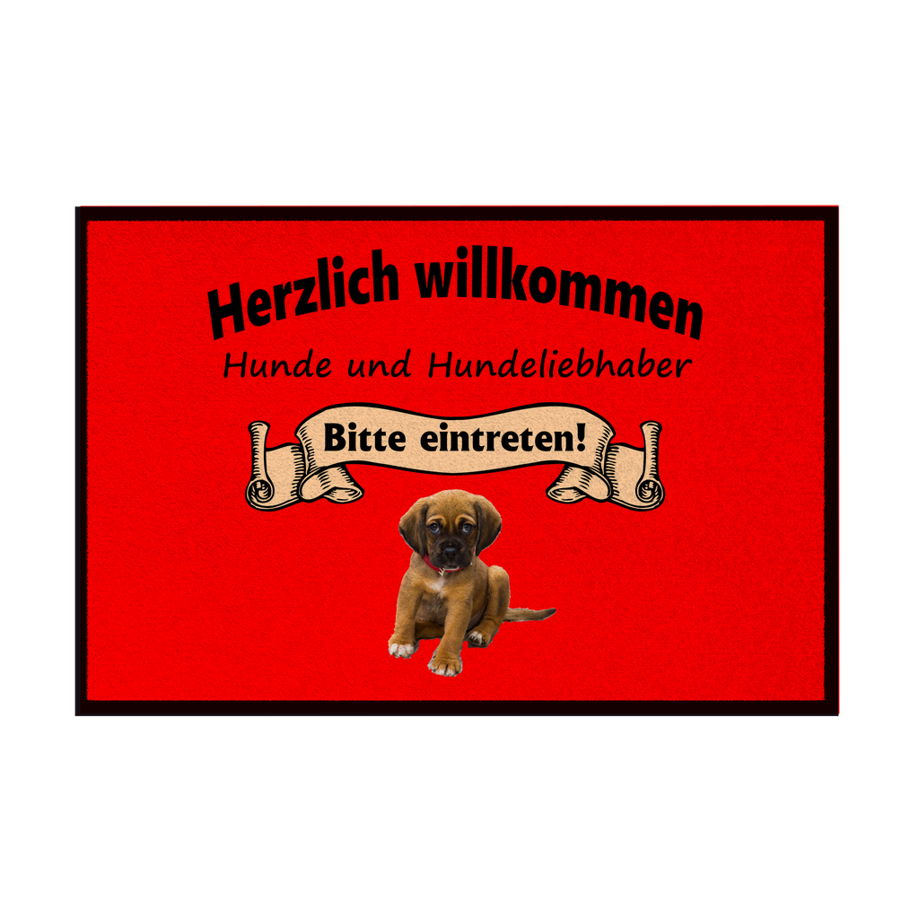 Fußmatte mit Gummirand "Herzlich Willkommen mit braunem Welpen 1"