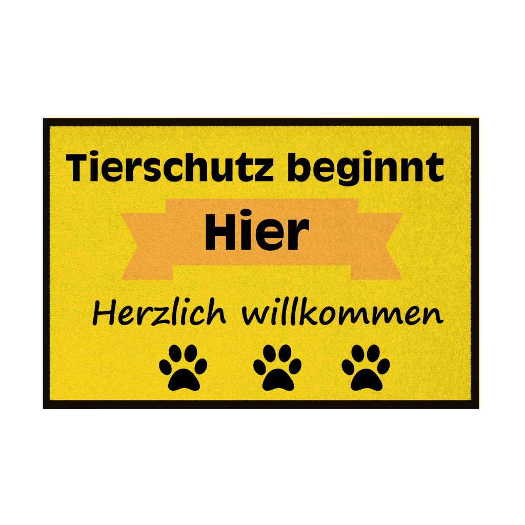 Fußmatte mit Gummirand "Tierschutz gelber Banner Schwarzschrift"