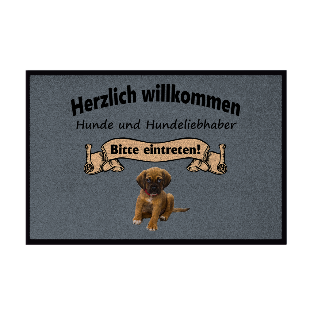 Fußmatte mit Gummirand "Herzlich Willkommen mit braunem Welpen 1"