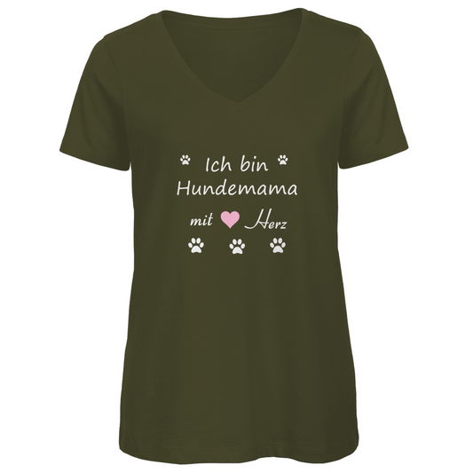 Damen Premium Bio V-Neck T-Shirt mit Hundedesign "Hundemama mit rosa Herz"