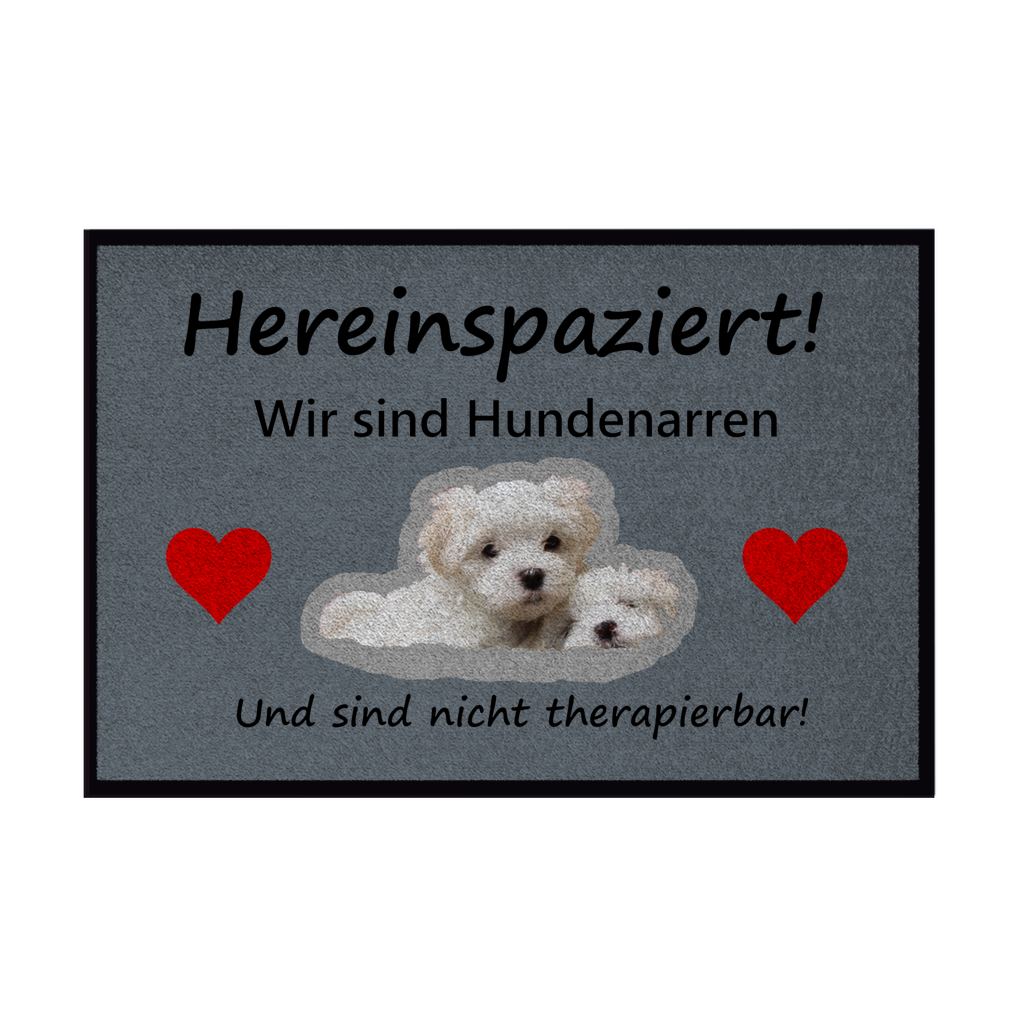 Fußmatte mit Gummirand "„Hereinspaziert mit weißem Hundemotiv“