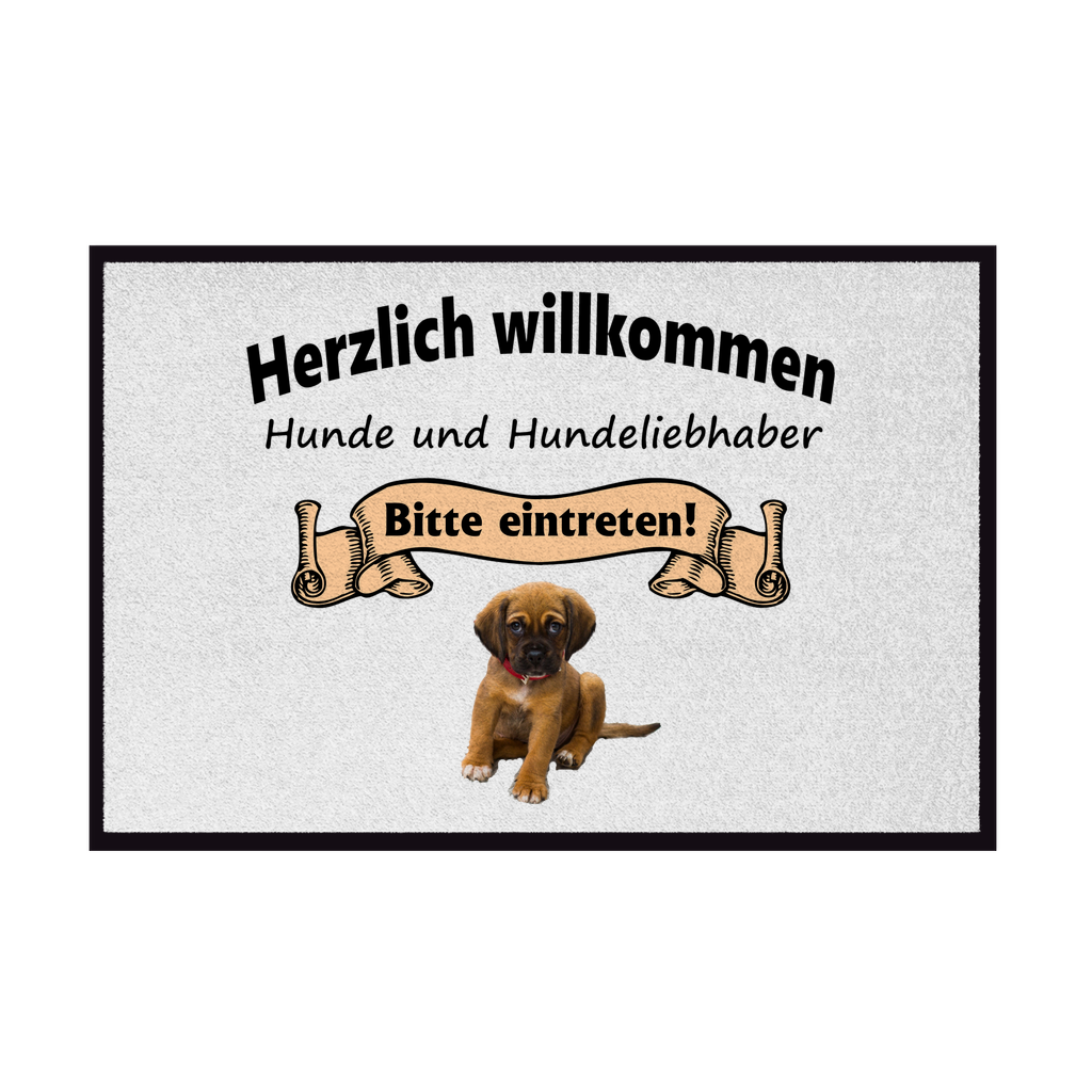 Fußmatte mit Gummirand "Herzlich Willkommen mit braunem Welpen 1"