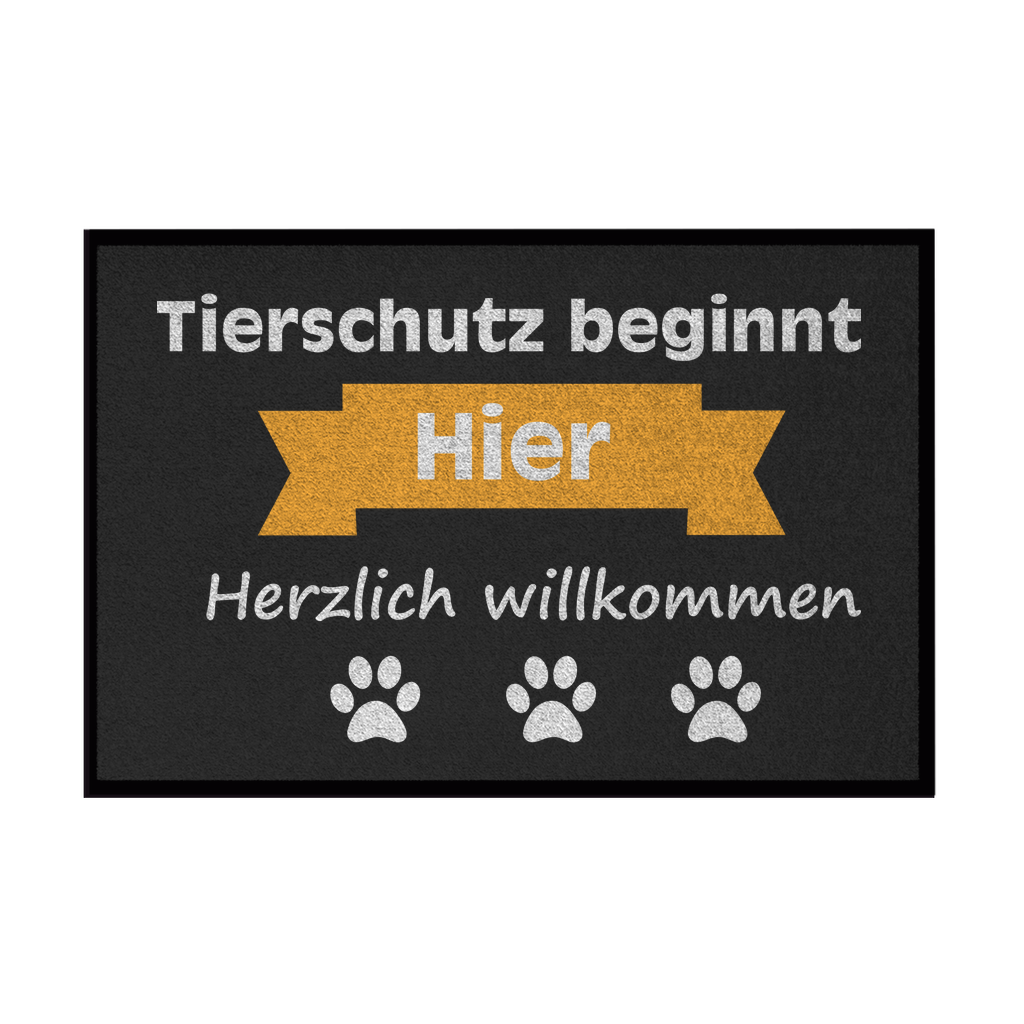 Fußmatte mit Gummirand Tierschutz gelber Banner Weißschrift“
