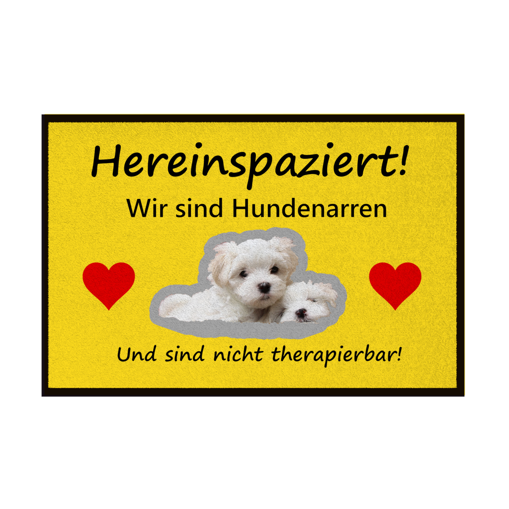 Fußmatte mit Gummirand "„Hereinspaziert mit weißem Hundemotiv“