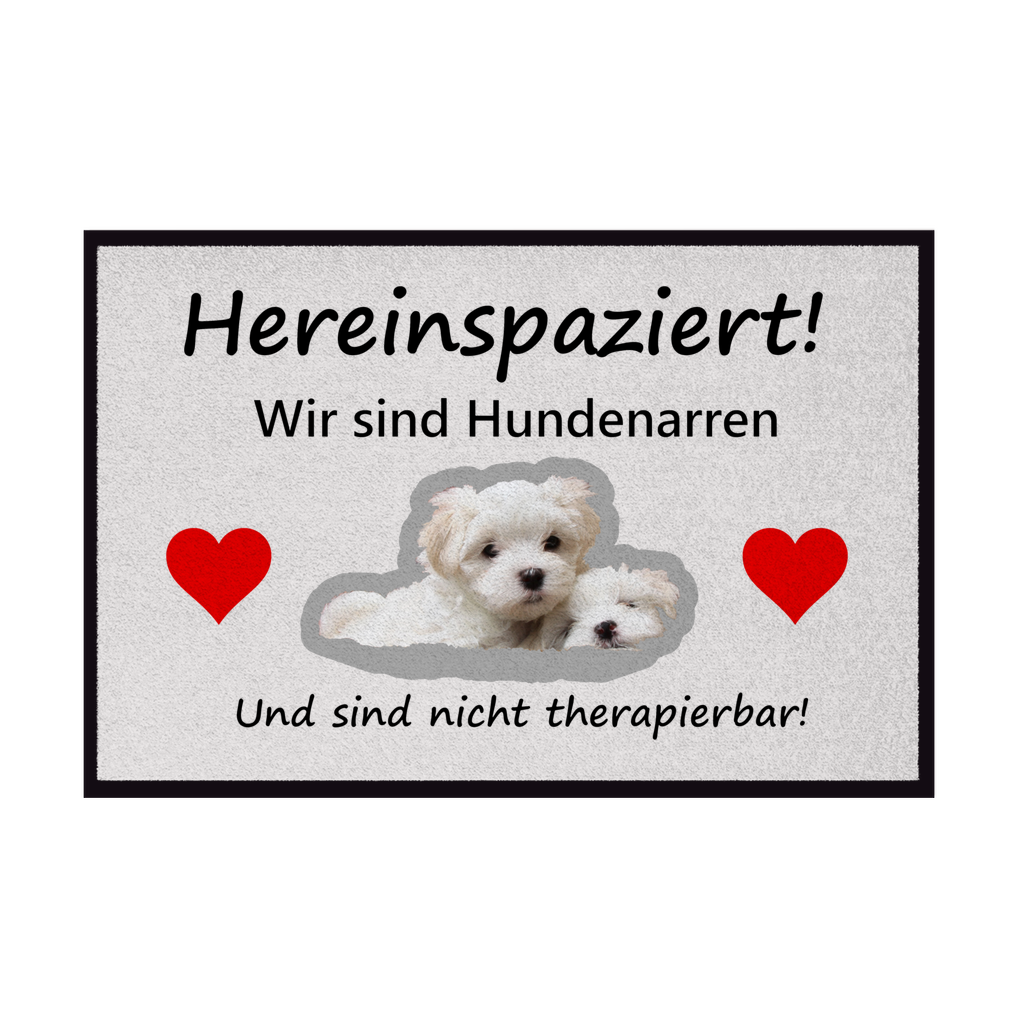 Fußmatte mit Gummirand "„Hereinspaziert mit weißem Hundemotiv“