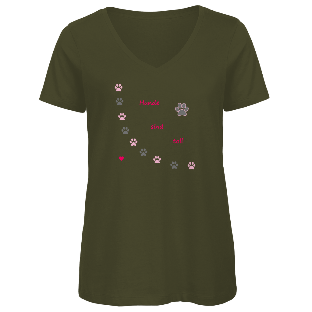 Damen Premium Bio V-Neck T-Shirt in Hundedesign: "Pfotenhundherzrosagrau1"
