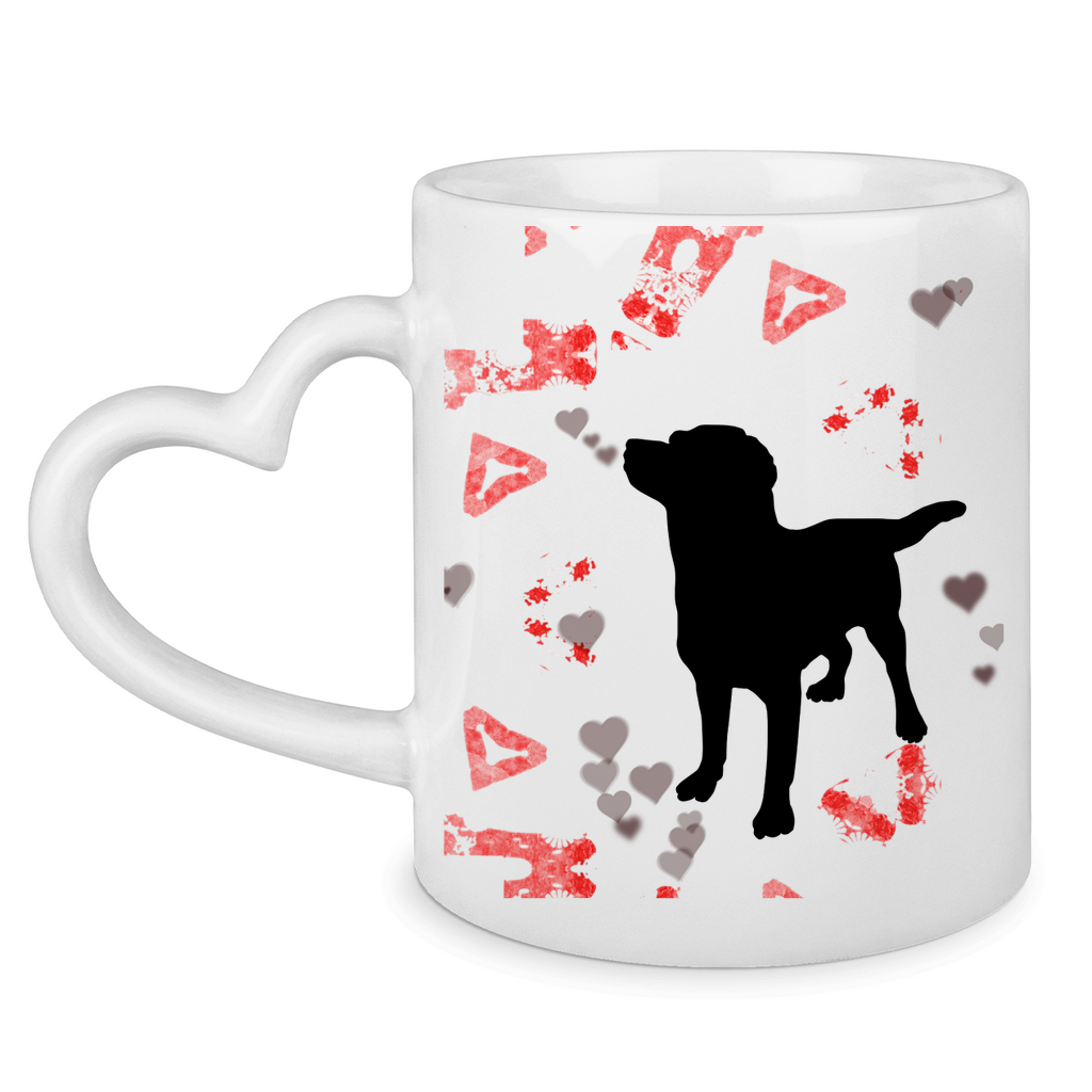 Herzhenkel - Tasse "schwarzer Hund mit ROTEN Dreiecken 1"