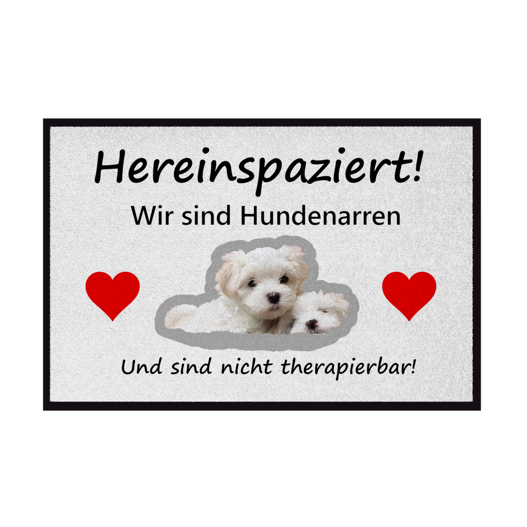 Fußmatte mit Gummirand "„Hereinspaziert mit weißem Hundemotiv“