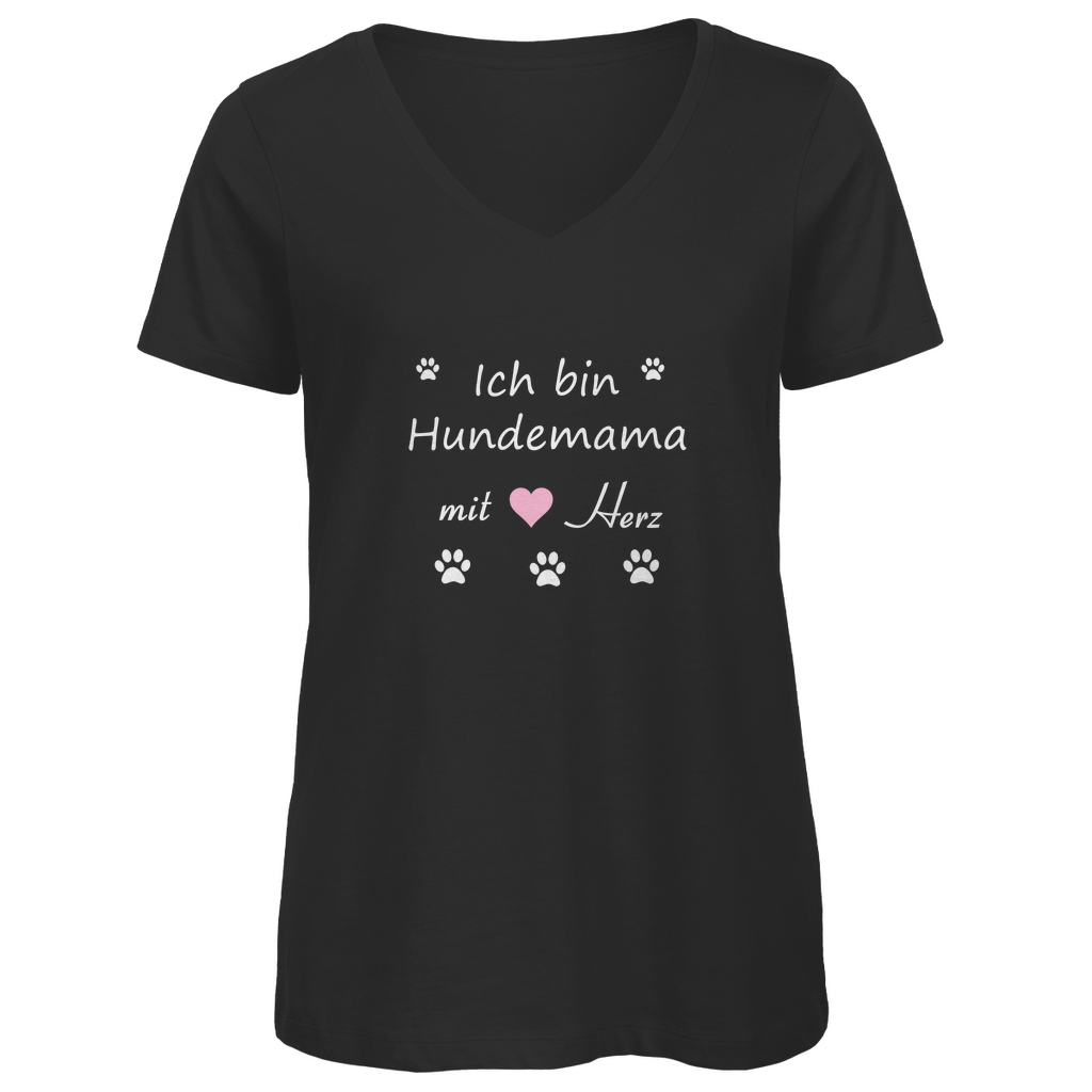Damen Premium Bio V-Neck T-Shirt mit Hundedesign "Hundemama mit rosa Herz"