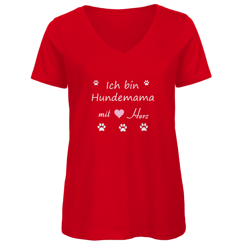 Damen Premium Bio V-Neck T-Shirt mit Hundedesign "Hundemama mit rosa Herz"